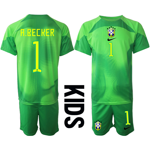 Brasilien Alisson Becker #1 Målvakt Bortatröja Barn VM 2022 Kortärmad (+ korta byxor)